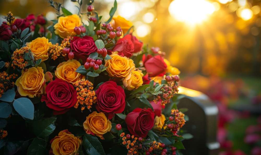 Flowers Set On A Tombstone