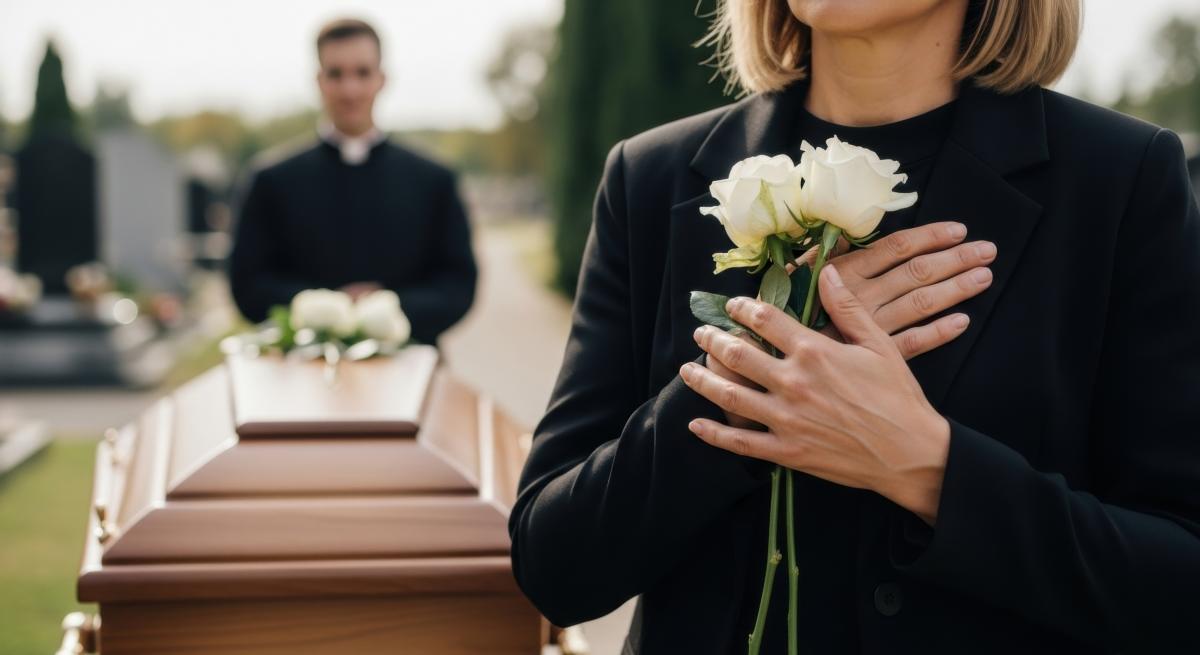 Cropped Shot of Grieving Woman in Black Suit Holding White Roses Against Her Chest at Funeral Service with Closed Coffin in Background.