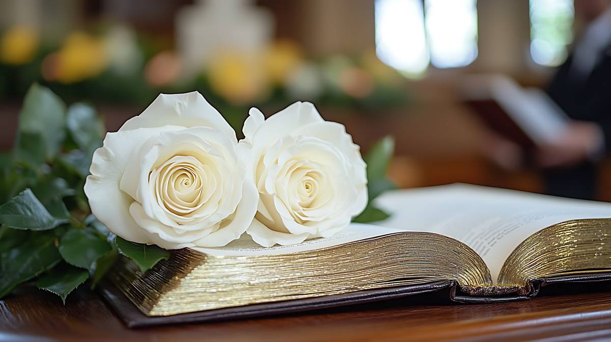 Two Flowers On Top Of A Bible At A Funeral