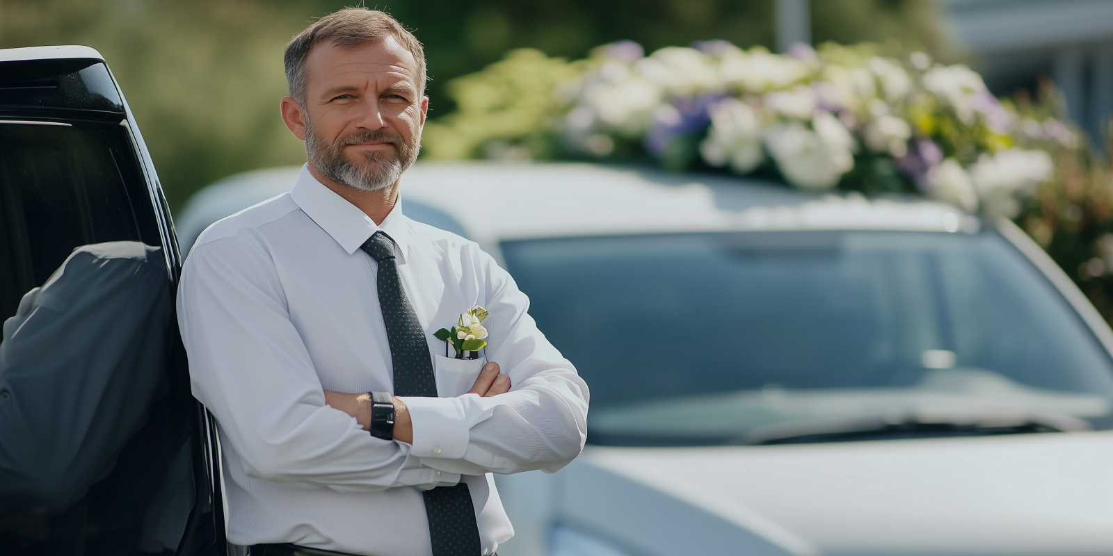 Funeral Director with funeral service education degree Standing Beside A Hearse