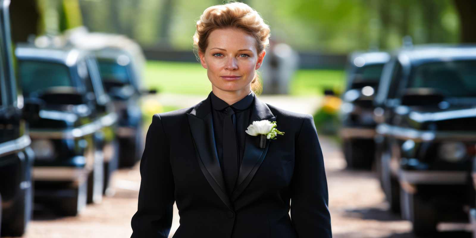 Female Funeral Manager with mortuary science degree in Black Suit with White Flower