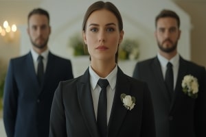 Funeral Directors in Black Suits with White Flowers
