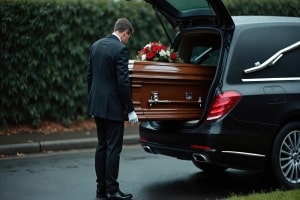 Funeral Manager Carefully Loading Wooden Coffin with Flower Arrangement Into Black Hearse