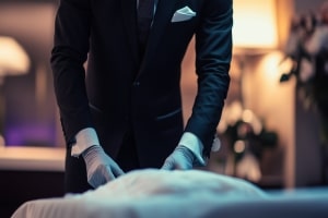 Funeral Worker Preparing Body for Ceremony