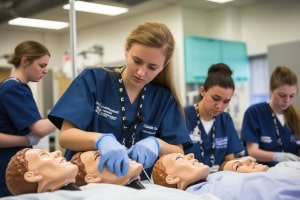 Group of Female Students Immersed in Training with Dummy Bodies