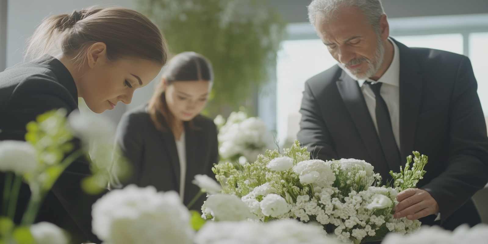 Funeral service director with mortuary science degree Arranging White Flowers at A Funeral