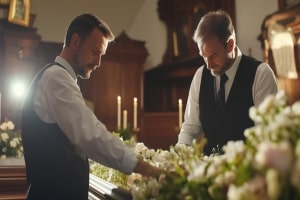 Men Arranging Flowers at Funeral