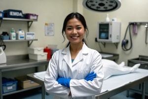 Smiling Female Mortuary Science Student in Protective Wears Standing in Lab