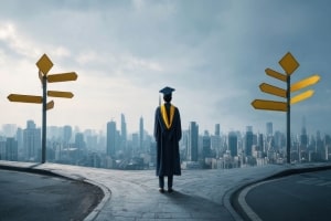 Student in Graduation Attire Standing at Intersection Point of Career Paths