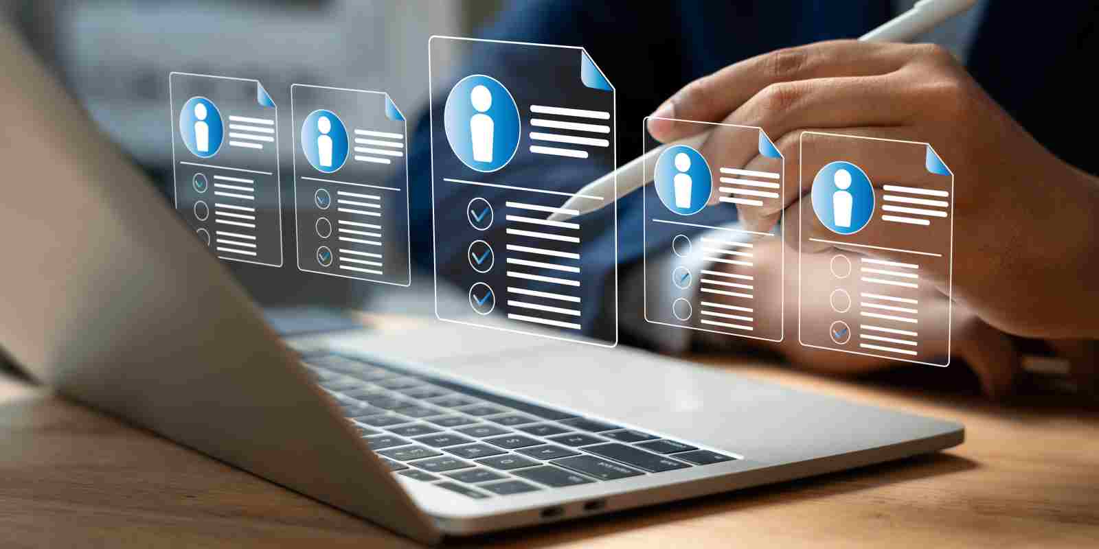 Human resource management technology (HR), Human resource manager touching human resource network structure and checks the CV online to choose the perfect employee for company, Effective recruitment.