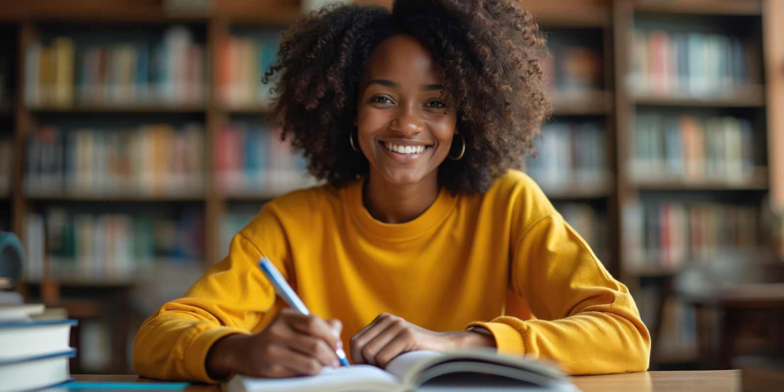 African American College Student Girl Writing Notes in Textbook at Library