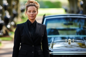 Funeral Director Standing Besides Hearse