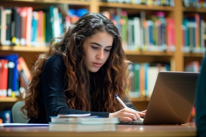 Young Female College Student Studying Seriously on Laptop