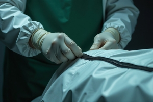 Forensic Mortuary Worker Zipping A Mortuary Bag