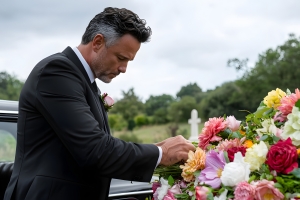 Funeral Professional in Formal Attire Securing Flower Arrangements