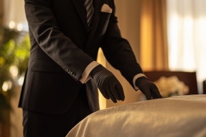 Funeral Worker Preparing A Casket in Warm Light