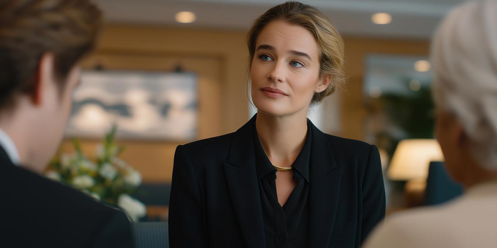 Licensed Female Funeral Director Sitting with Grieving Family