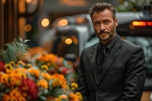 A Funeral Director in a black suit,  with a blurred background of floral arrangements and a hearse.