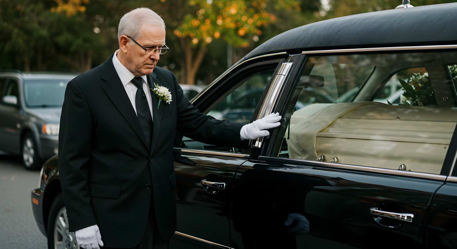 Older Man in Dark Suit Stands Beside Black Hearse During Daytime Memorial Event