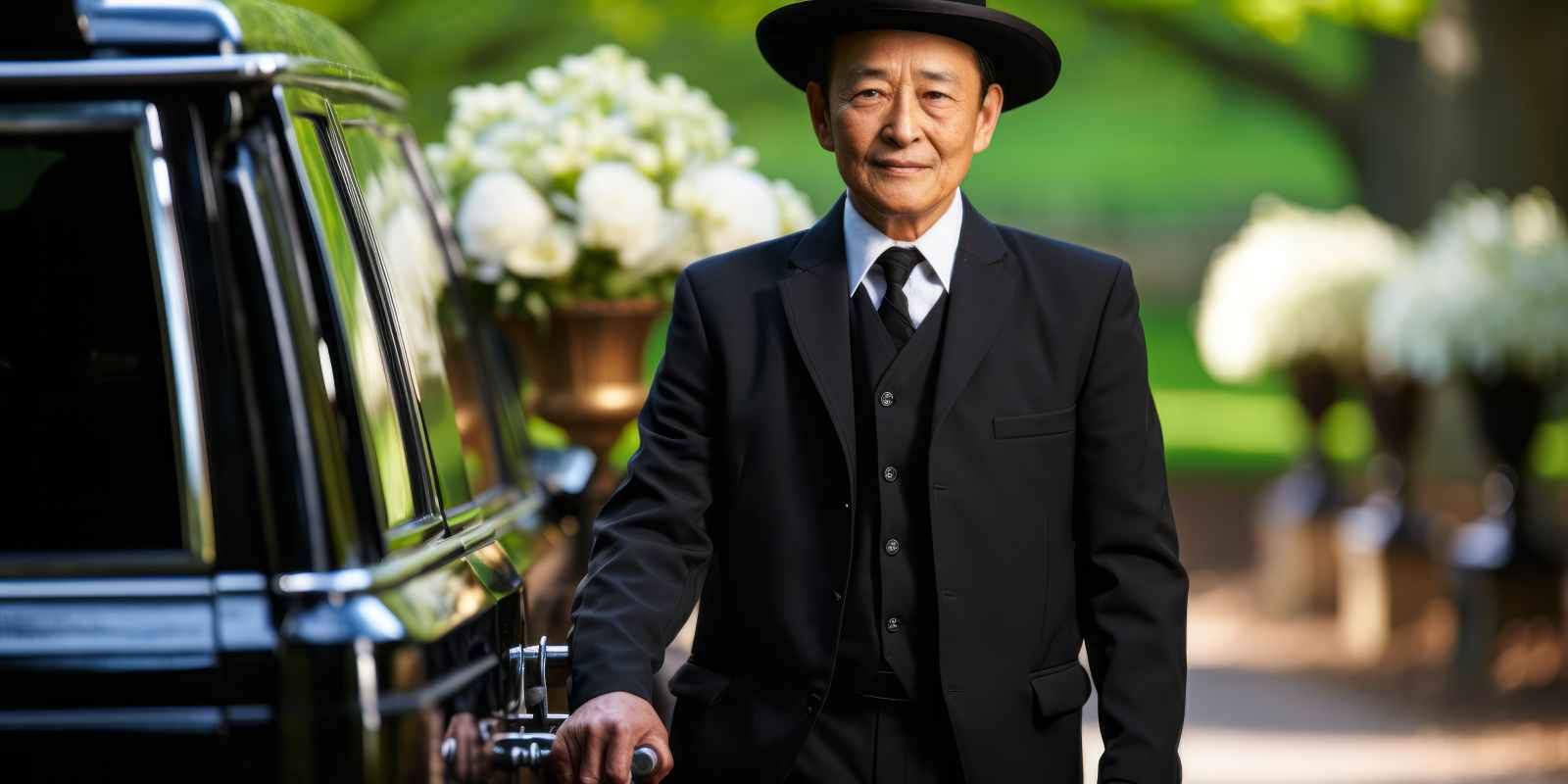 Dedicated Funeral Director Standing Near Hearse