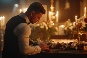 Funeral Director Decorating Coffin with Flowers