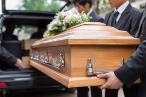 Funeral Directors Carefully Transporting Wooden Coffin into A Black Hearse