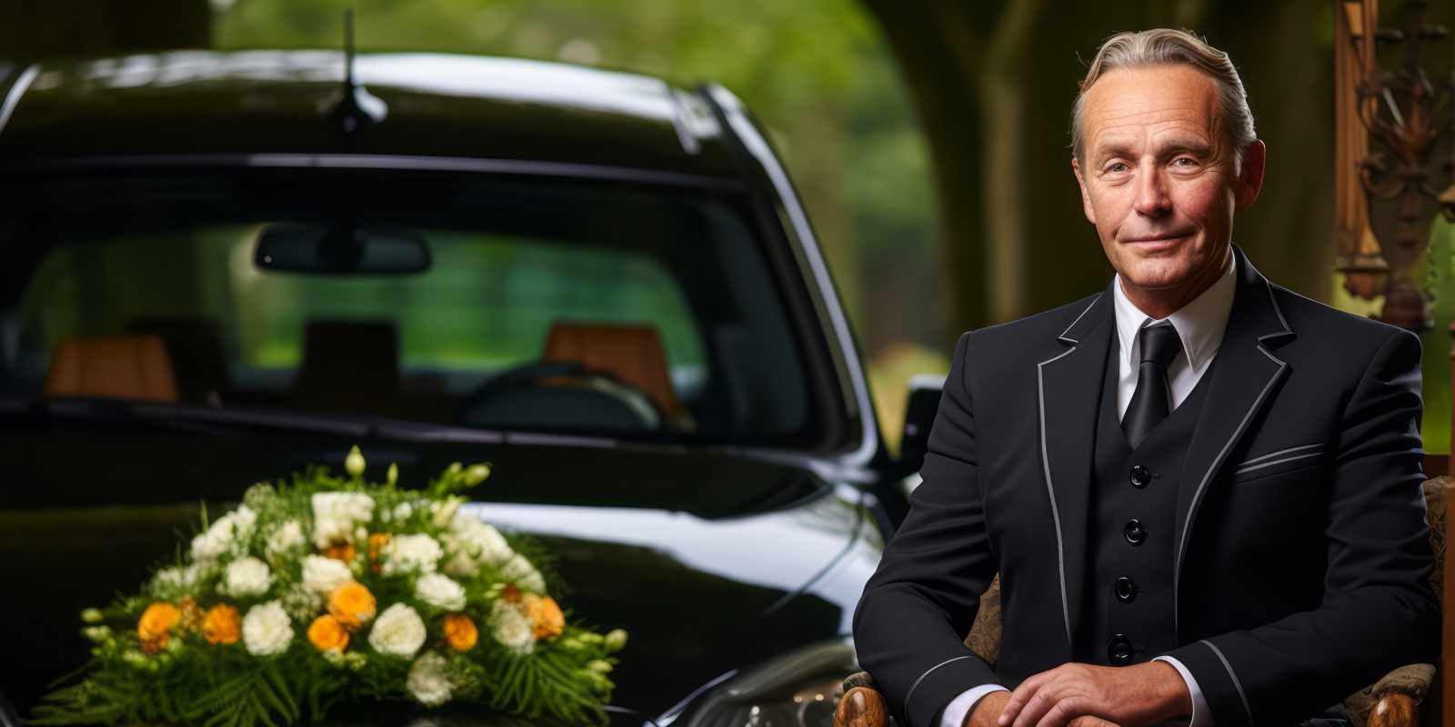 Professional Funeral Director Standing near Hearse with Flowers