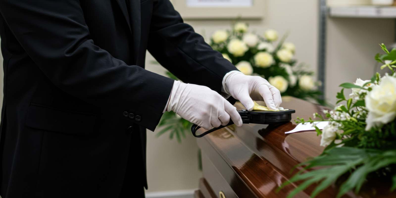 Funeral Director Preparing A Casket in A Floral Setting