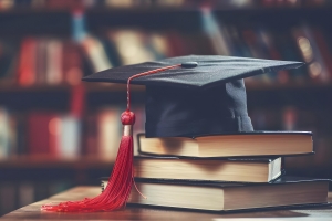 Graduation Cap Over Books Representing Curriculum for Funeral Service Education
