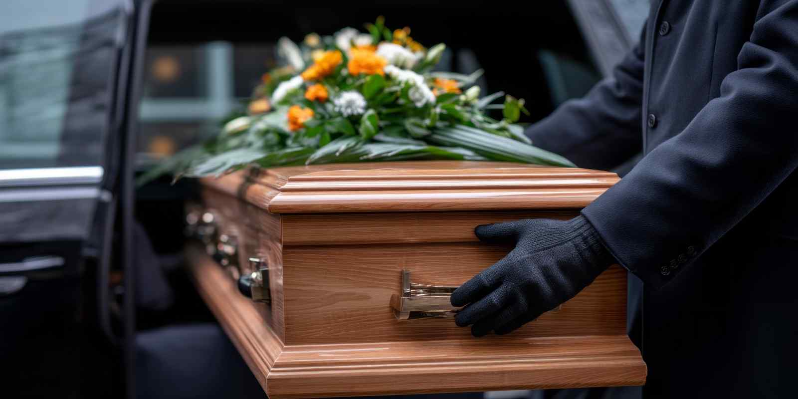 Funeral Director Carefully Lifting A Wooden Coffin