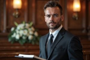 Funeral Director Holding Guest Book in Dimly Lit Chapel