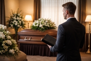 Funeral Director Reading Bible Near Coffin