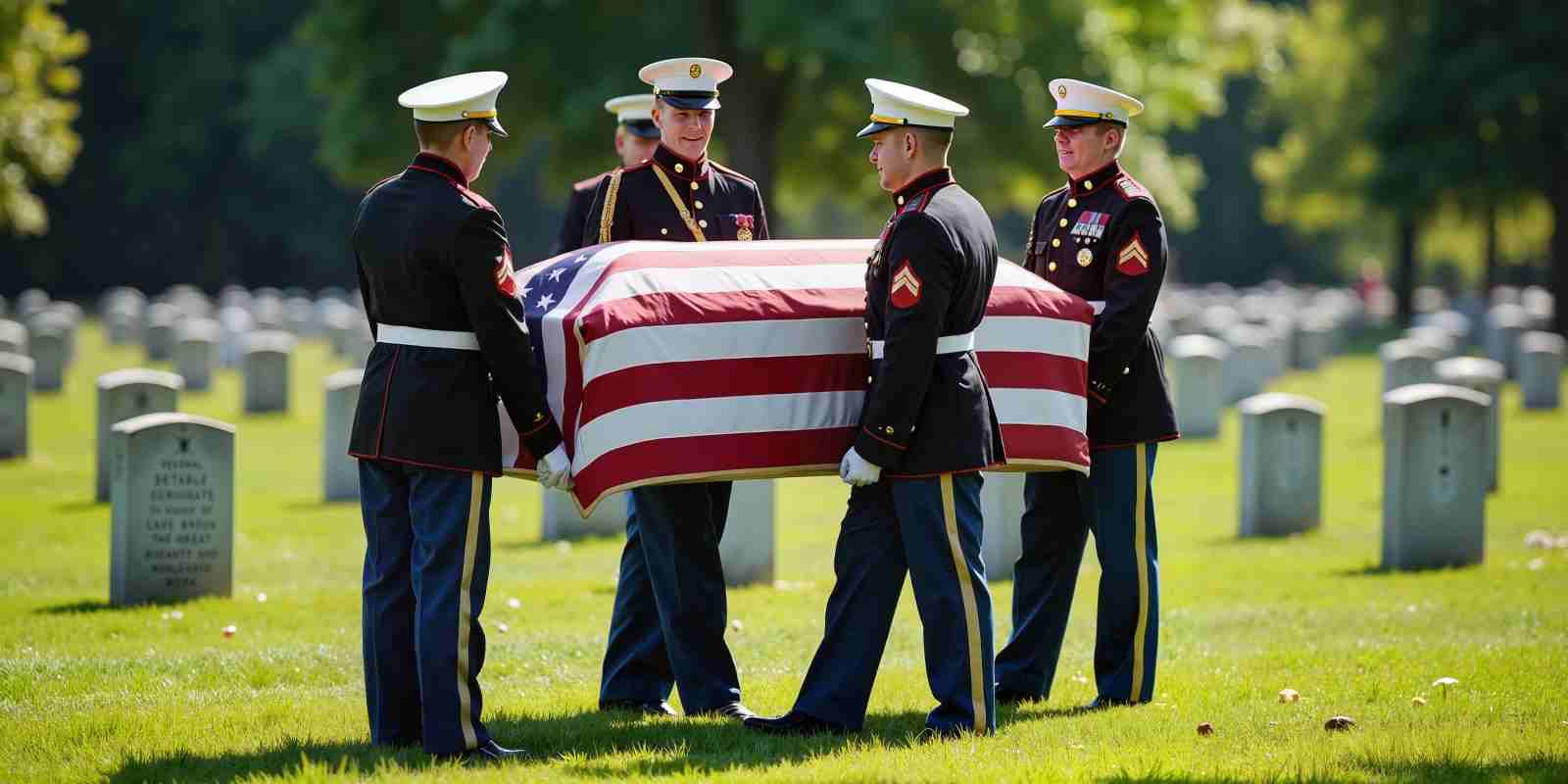 Military Honor Guard Carrying Flag Draped Coffin at Cemetery