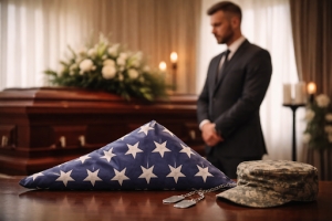 Military Person Standing Near A Coffin Flag Badge and Cap