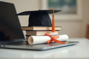 Mortuary Science Program Concept with Mortarboard Hat Books Degree Scroll on Laptop