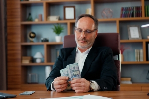 Funeral Director Counting Dollars in His Office Representing Clear Earning Concept