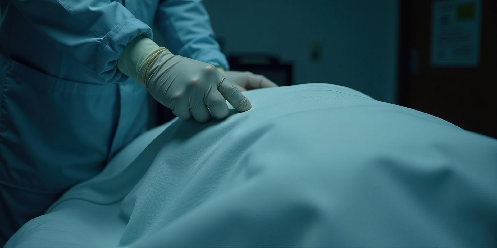 Morgue Worker Adjusting White Sheet on Dead Body in Dimly Lit Mortuary Room