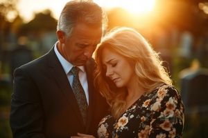 Funeral Director Comforting A Grieving Woman at A Cemetery Service