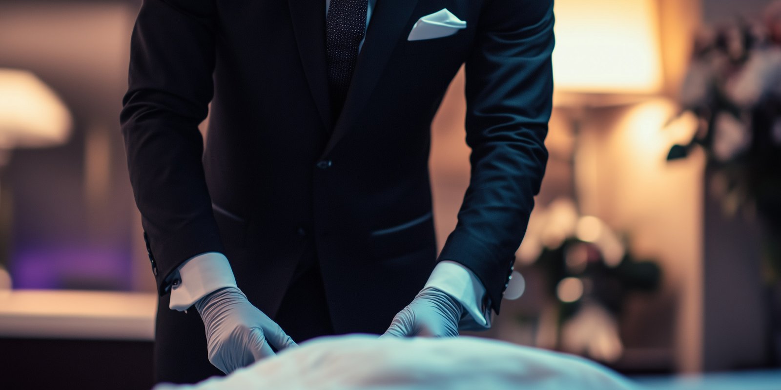 A funeral professional in a dark suit and white gloves carefully attending to arrangements, symbolizing dignity and care in the funeral industry