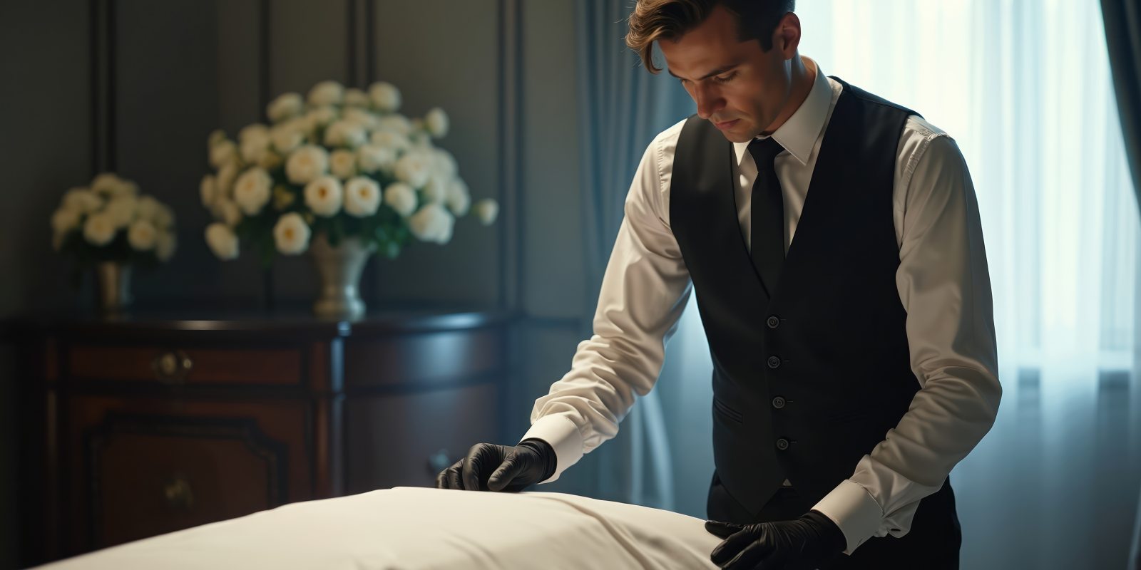 A mortuary professional in formal attire and black gloves carefully tending to a preparation table in a softly lit funeral home