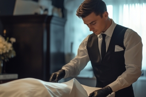 A young funeral service professional in formal attire carefully attending to preparations, reflecting the dignity, focus, and pride found in a mortuary career