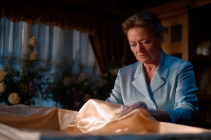 An experienced funeral professional thoughtfully arranging a casket interior, embodying the empathy and dedication at the heart of funeral service work.