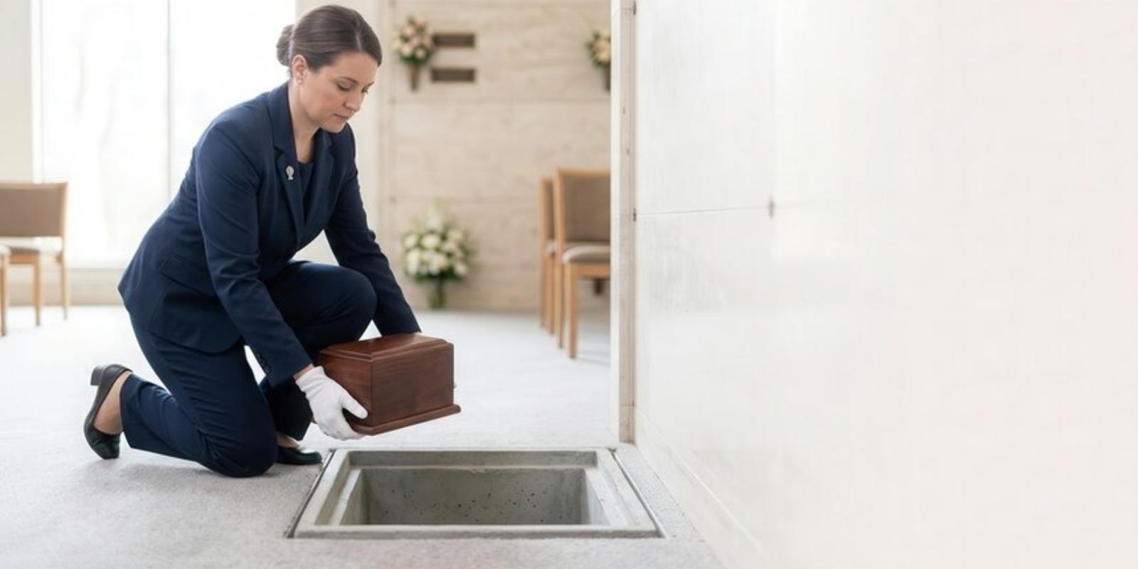 Caring Funeral Director Gently Setting Brown Urn Into Memorial Space