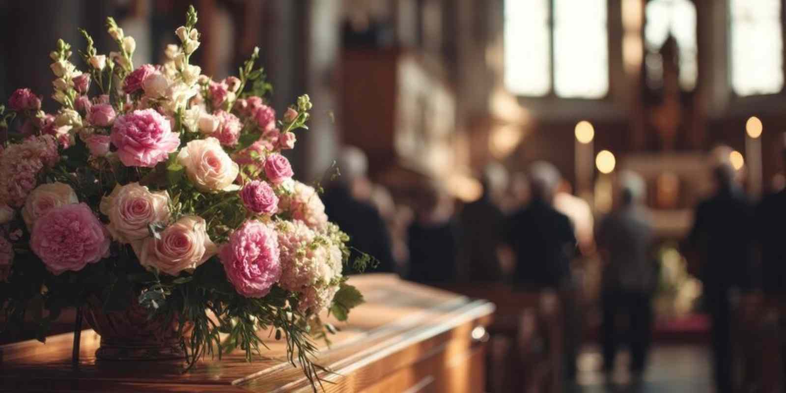 Funeral Ceremony Inside a Church with Beautiful Rose Bouquet Adorns a Wooden Coffin