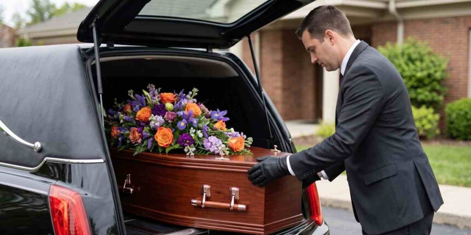 Funeral Director Placeing Flower Adorned Coffin Into Hearse