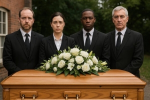 Funeral Service Team Standing Near a Coffin with Flowers