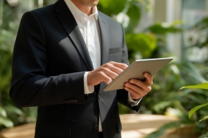 Young Funeral Director Using a Digital Tablet to Organize Eco-Friendly Ceremony