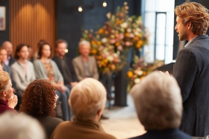 A celebrant leading a memorial service in a warmly decorated chapel with floral arrangements, speaking to a seated gathering of family and friends.