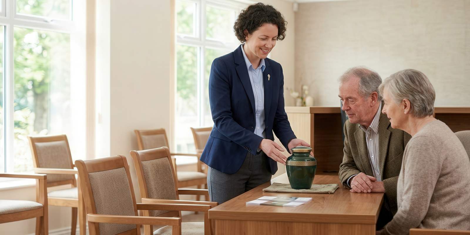 A funeral service professional guiding a family through cremation arrangement options at a funeral home.