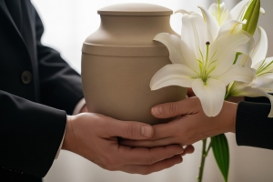 Two people's hands transferring a cremation urn alongside white lily flowers, symbolizing the dignified handoff of care in funeral service.